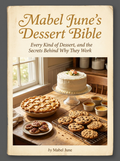 Mabel June's Dessert Bible cookbook cover, a farmhouse table of homemade desserts