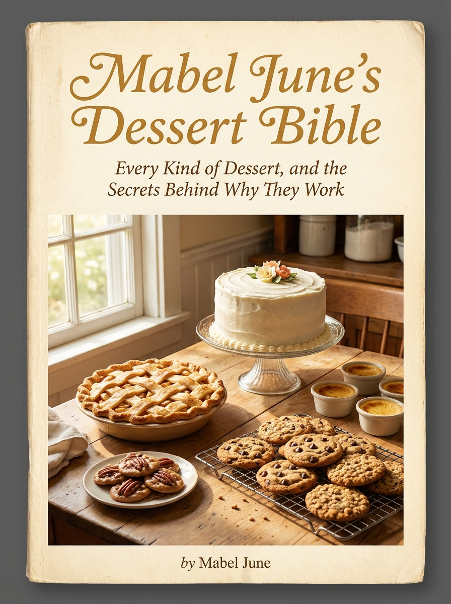 Mabel June's Dessert Bible cookbook cover, a farmhouse table of homemade desserts