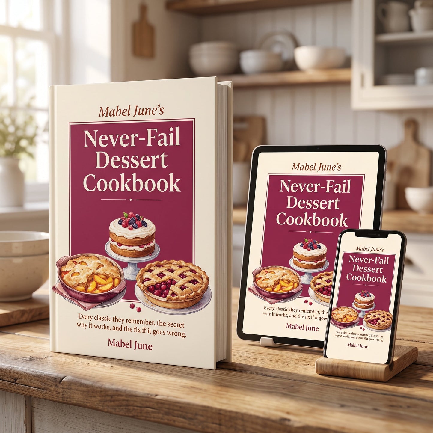 The cookbook on hardcover, tablet, and phone