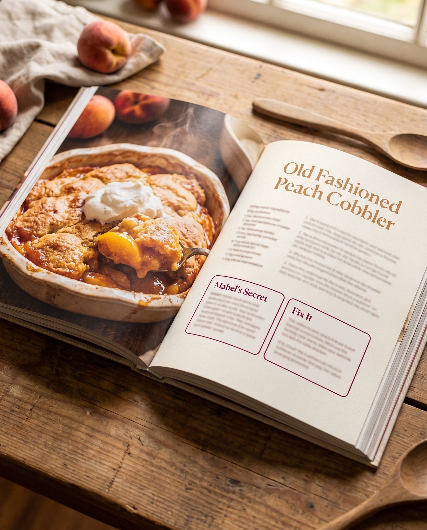 Inside the book: a recipe page with the secret and the Fix It box